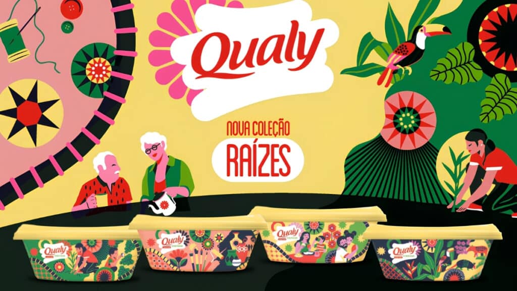 Imagem da coleção Raízes da Qualy, com ilustrações coloridas e potes colecionáveis em edição limitada