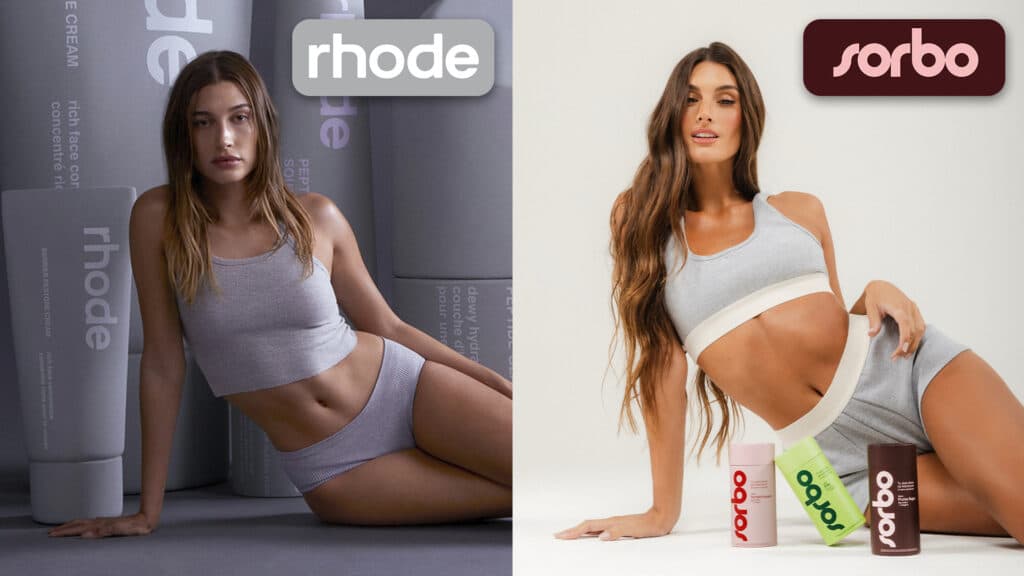 Comparativo de produtos da marca rhode e da Sorbo (Sorbo) com modelos usando peças de roupa em fundo claro