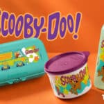 Kit Tupperware Scooby-Doo com lancheira, pote e garrafa em fundo laranja