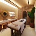 Spa Natura Ekos Aviva: sala de massagem e atendimento Ambiente de spa com sala de massagem e bancada de atendimento, cenário para o primeiro SPA Natura Ekos Aviva