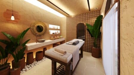 Spa Natura Ekos Aviva: sala de massagem e atendimento Ambiente de spa com sala de massagem e bancada de atendimento, cenário para o primeiro SPA Natura Ekos Aviva