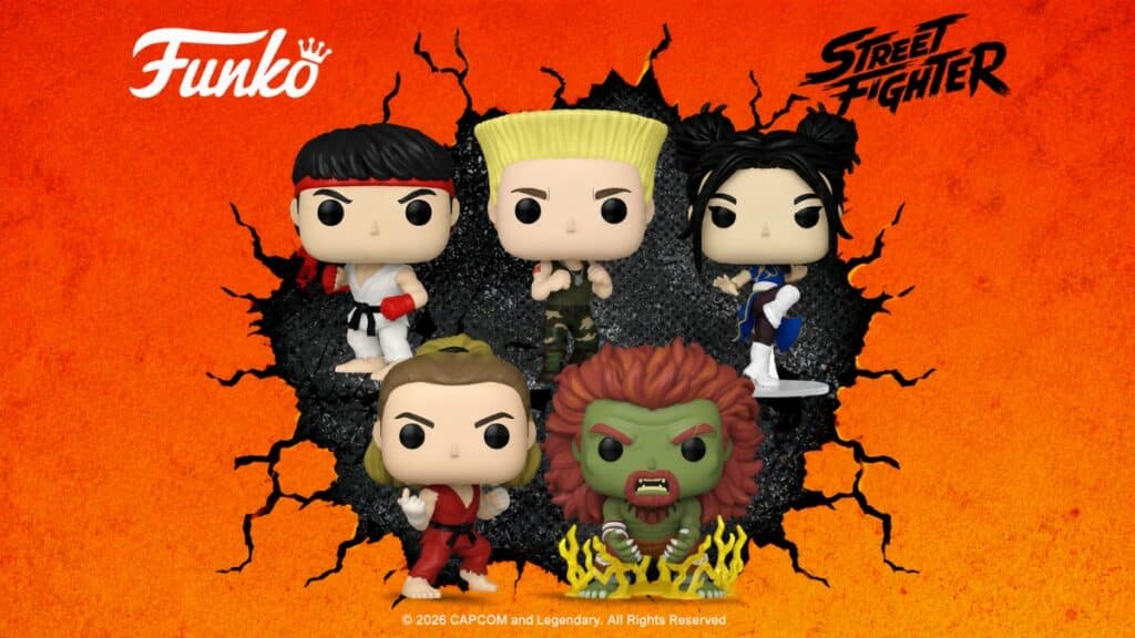 Coleção Funko POP Street Fighter com cinco bonecos estilizados em fundo laranja e logo “Street Fighter”.