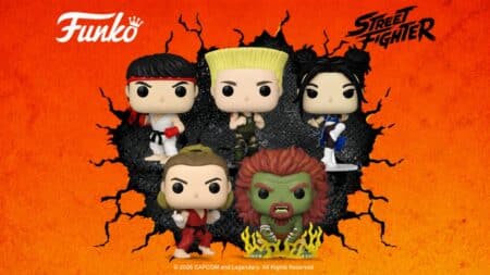 Coleção Funko POP Street Fighter com cinco bonecos estilizados em fundo laranja e logo “Street Fighter”.
