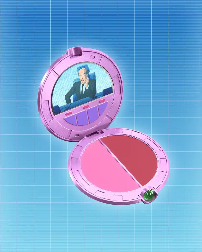 Paleta de maquiagem roxa e rosa com espelho e compartimento de sombra em fundo azul quadriculado das Três Espiãs Demais