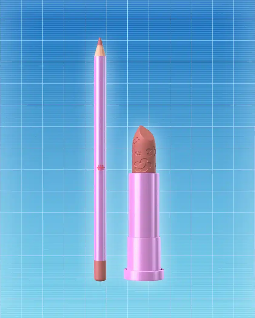 Batom e lápis de maquiagem estilo Três Espiãs Demais, da linha Martine Cosmetics, sobre fundo azul quadriculado