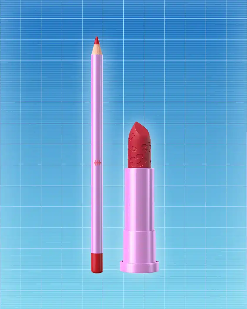 Batons em tons rosa e vermelho em fundo azul quadriculado, da linha de maquiagem Três Espiãs Demais da Martine Cosmetics.