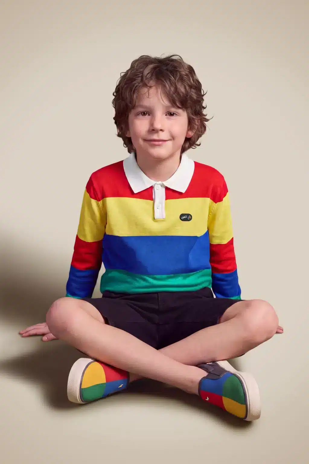 Criança usando camiseta multicolorida estilo UNO da Reserva, com calça escura e meias coloridas.