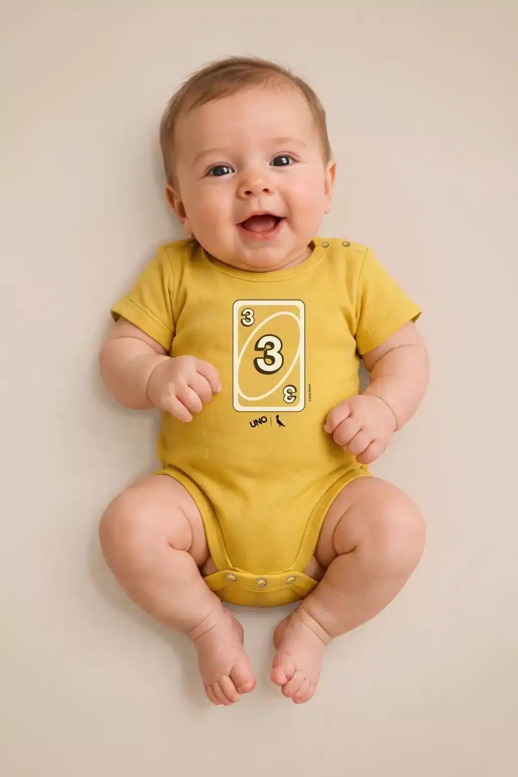 Bebê sorrindo usando body amarelo com estampa do cartão UNO 3
