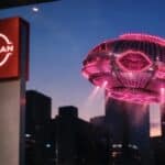 Letreiro da Nissan e uma nave futurista com luzes rosa no céu ao fundo, em campanha com Xuxa-nissan.