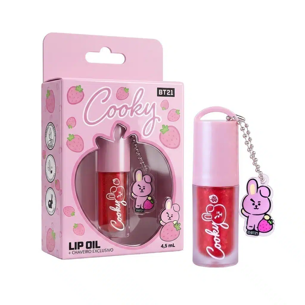 Conjunto de Lip Oil BT21 Cooky com frasco rosa e pingente de charm colecionável em embalagem temática