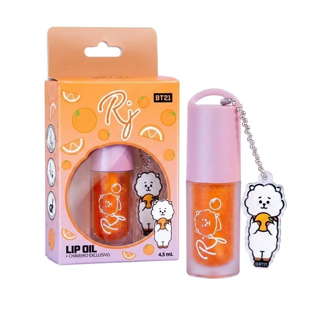 Embalagem e frasco de Lip Oil BT21 com charms colecionáveis, com personagens de chimmy e rótulo laranja e lilás.