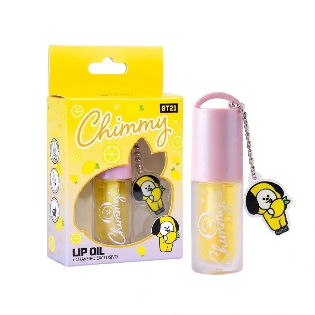 Embalagem e frasco de lip oil BT21 Chimmy com charm colecionável, em tom rosado