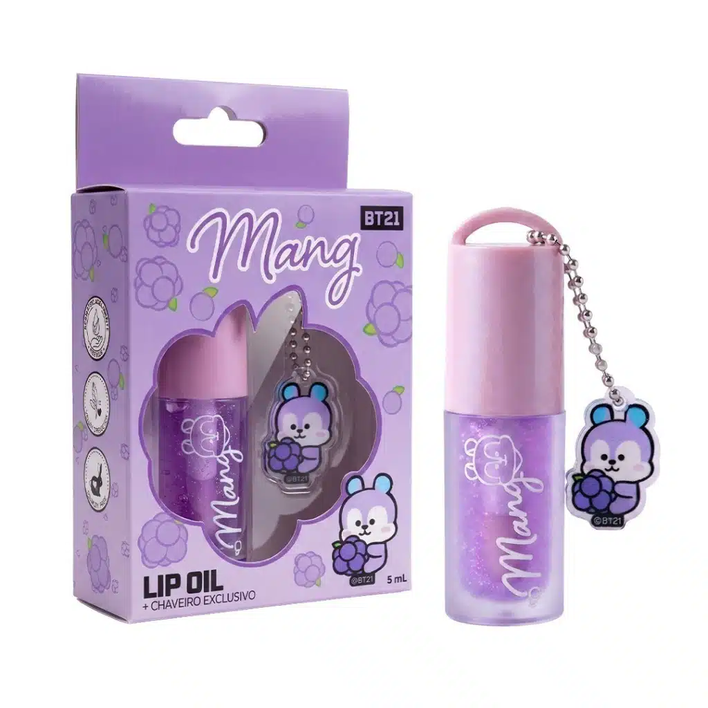 Embalagem e lip oil BT21 Mang em frasco rosa com pingente de chaveiro colecionável, estilo Cia Beauty.