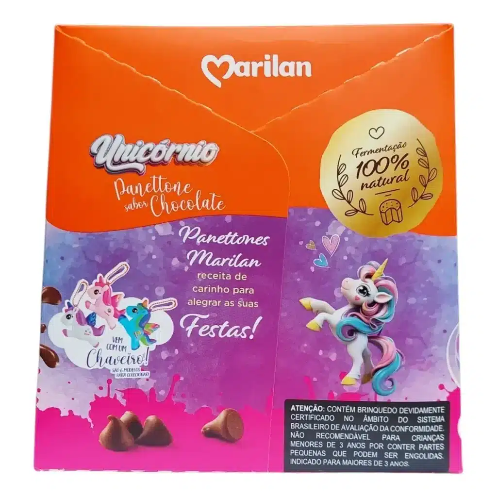 Embalagem de panettone Marilan sabor chocolate com brinquedo colecionável de unicórnio, 300g.