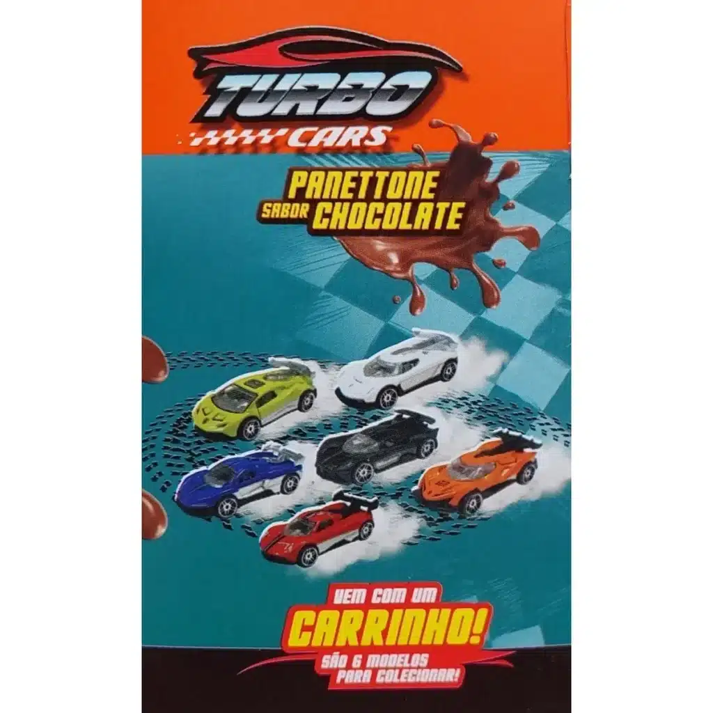 Embalagem de panettone Marilan Turbo Cars sabor chocolate com carrinhos colecionáveis