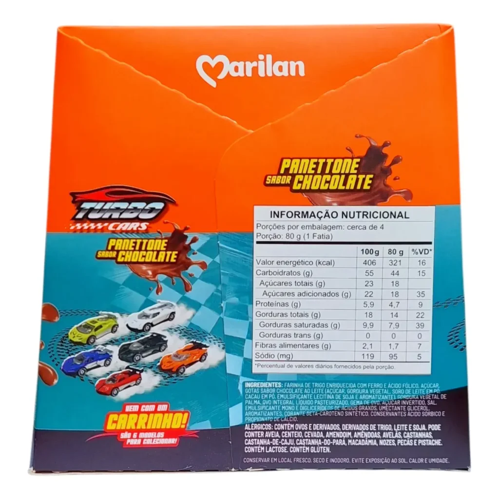 Embalagem de panettone Marilan sabor chocolate Turbo Cars com gotas de chocolate e carrinho colecionável