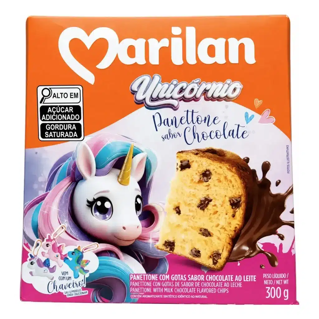 Embalagem de panettone Marilan sabor chocolate com gotas ao leite e tema Unicórnio, 300 g.