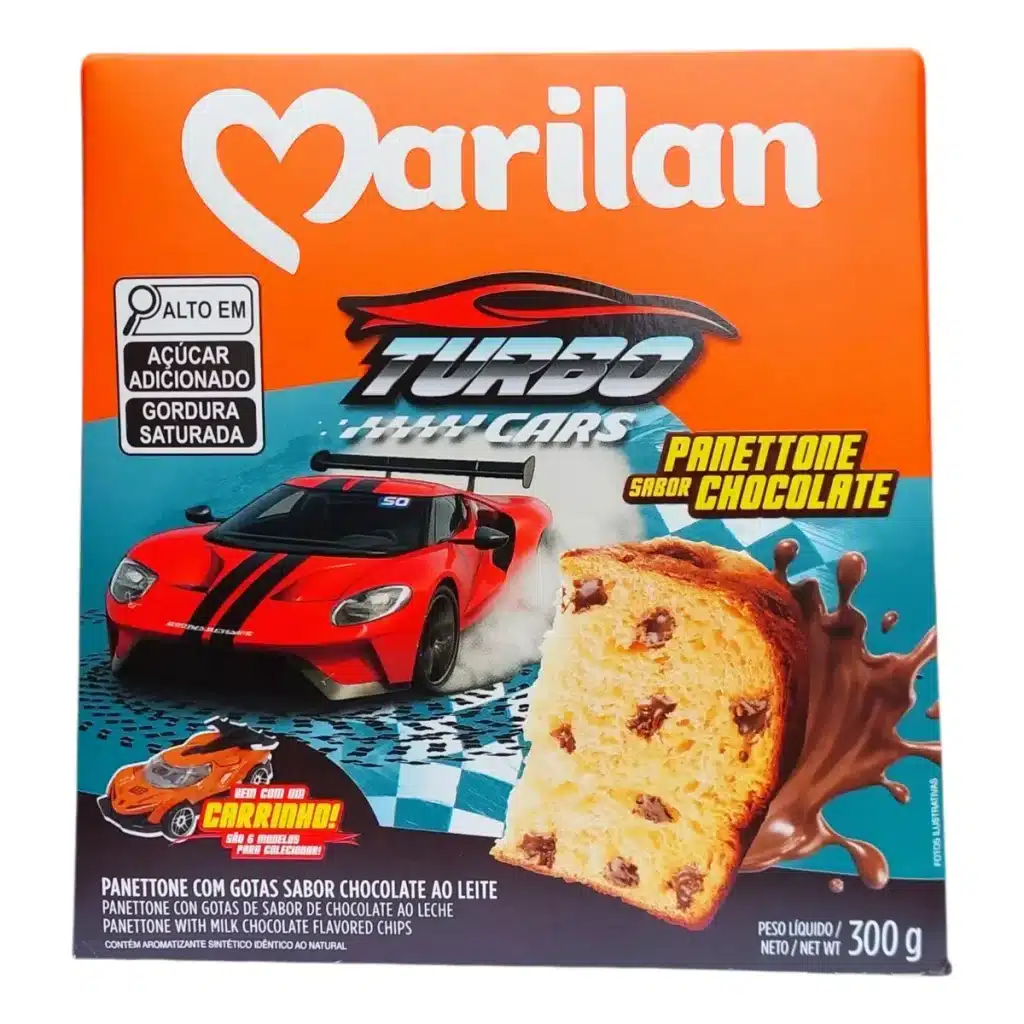 Panettone Marilan Turbo Cars com gotas de chocolate ao leite e carrinho, 300 g