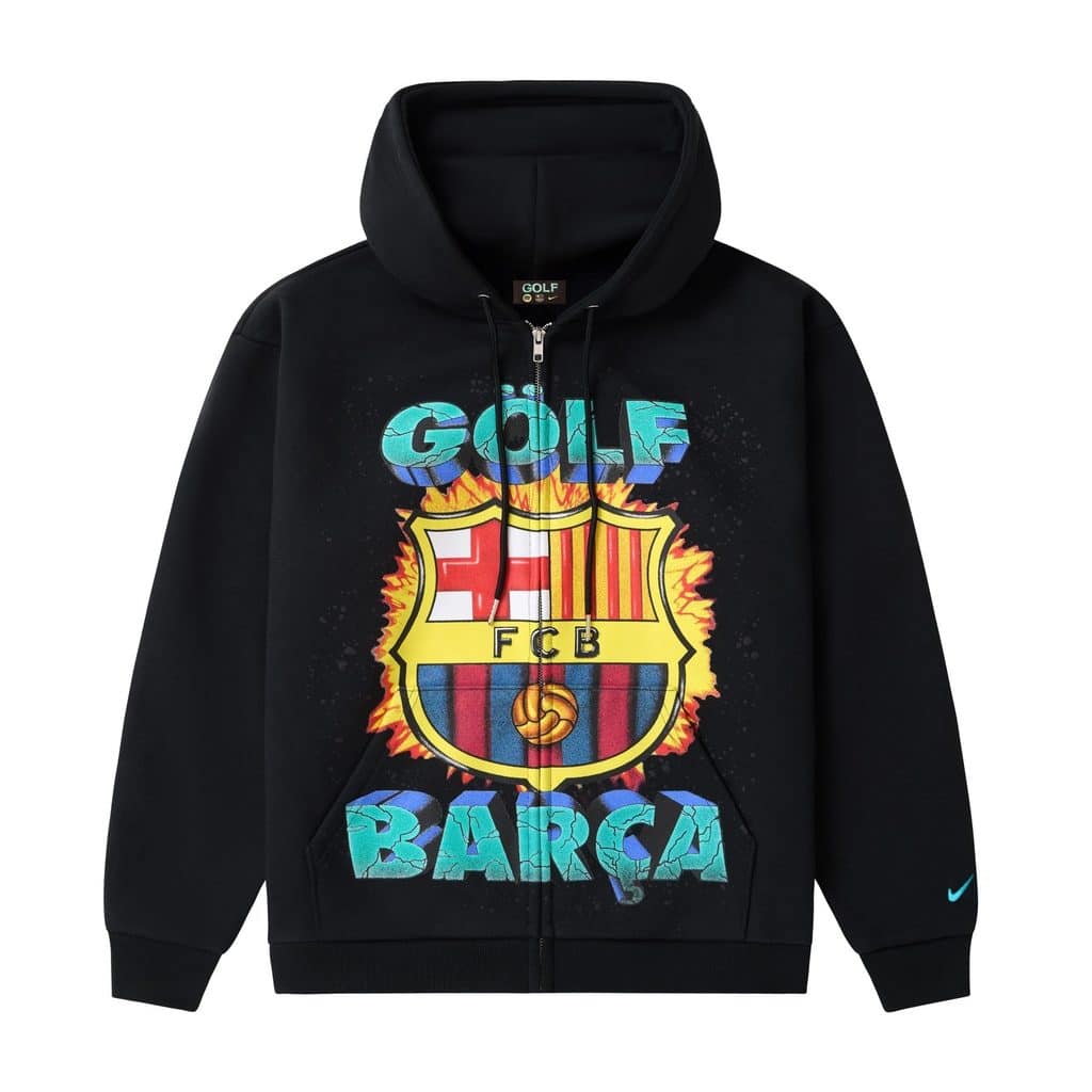 Moletom preto com estampa Golfwang e brasão do FC Barcelona, com capuz e zíper.