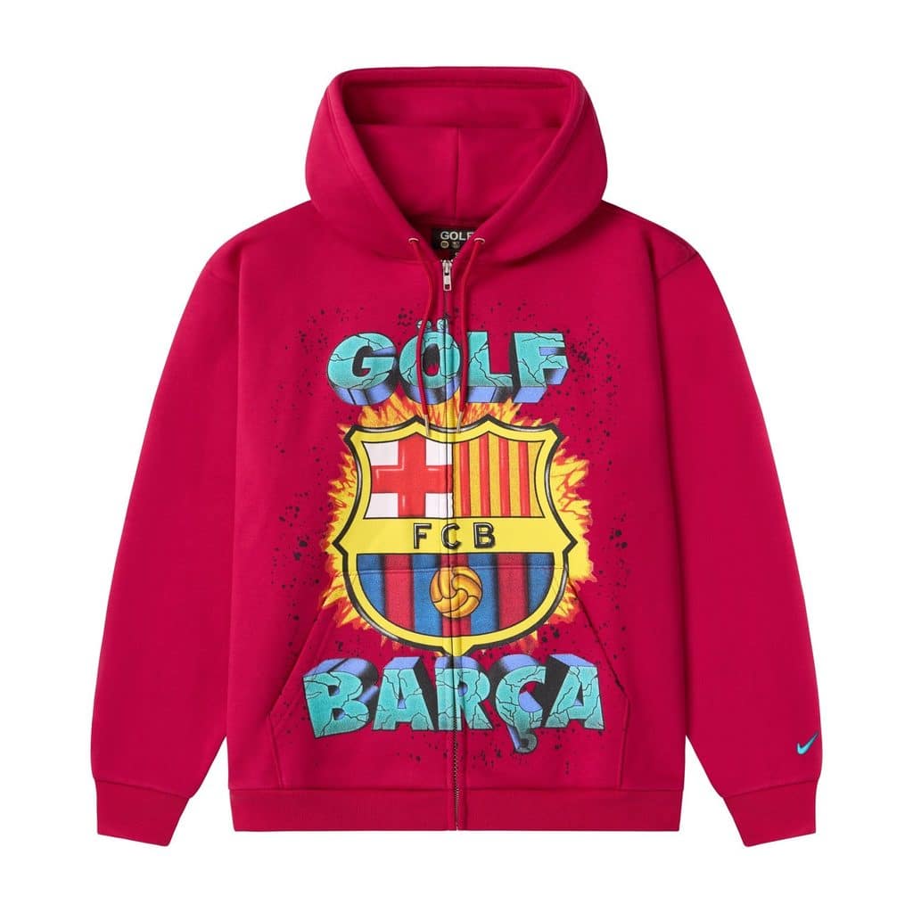 Jaqueta vermelha com capuz e estampa do Barcelona com logos “GOLF” e “FCB”.