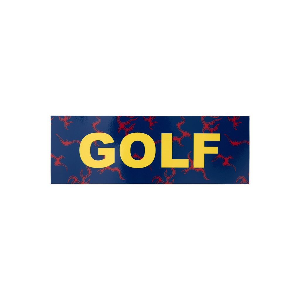 Imagem com o texto “GOLF” em destaque, sobre fundo azul com padrão vermelho abstrato.