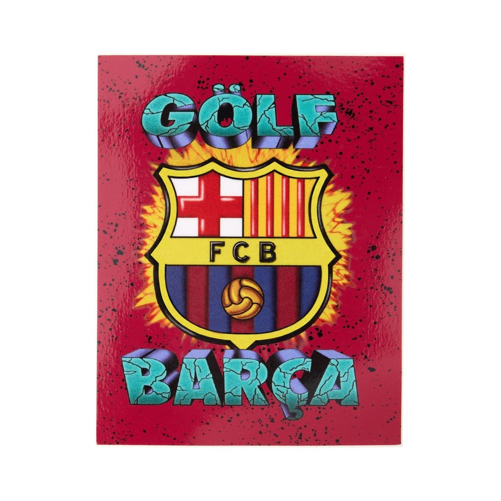 Imagem com o escudo do FC Barcelona e a palavra “GOLF” sobre fundo vermelho, com o texto “BARÇA” abaixo.