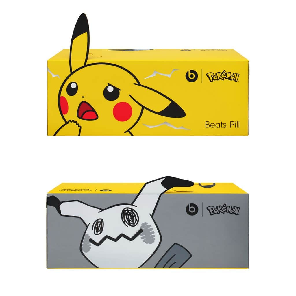 Caixa Beats by Dre Beats Pill em edição Pokémon, com arte do Pikachu em embalagem amarela