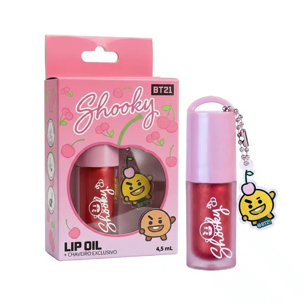 Kit de Lip Oil BT21 Shoo-Rry com frasco rosa e pingente colecionável, embalagem em formato de caixa