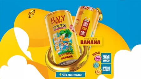 Baly Kids Sonic Banana (Tails) – bebida gaseificada infantil Baly Kids Sonic Banana: bebida gaseificada infantil em lata com personagem e selo de ferro, magnésio e zinco