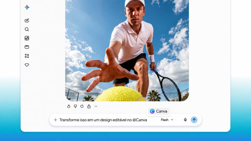 Canva e Gemini: integração para português brasileiro Captura de tela do Canva mostrando um exemplo de edição com assistente de IA Gemini, com imagem de pessoa ao ar livre.