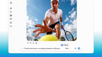 Canva e Gemini: integração para português brasileiro Captura de tela do Canva mostrando um exemplo de edição com assistente de IA Gemini, com imagem de pessoa ao ar livre.