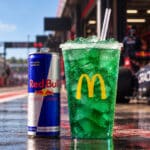Copo com bebida verde e gelo da parceria McDonald’s e Red Bull ao lado de lata Red Bull em ambiente externo