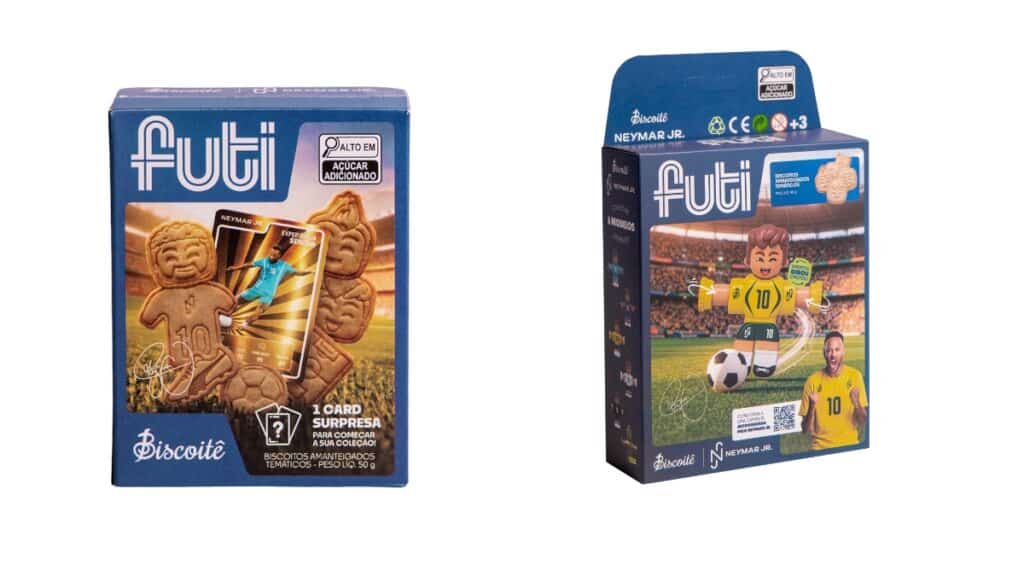 Embalagens da coleção Futi da Biscoitê em parceria com Neymar Jr., com design de futebol e surpresa.