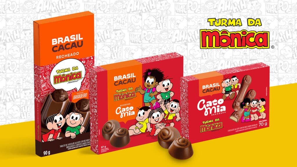 Brasil Cacau Turma da Mônica Dia das Crianças Embalagens e chocolates da Brasil Cacau com a Turma da Mônica, incluindo copo térmico do Sansão para o Dia das Crianças.