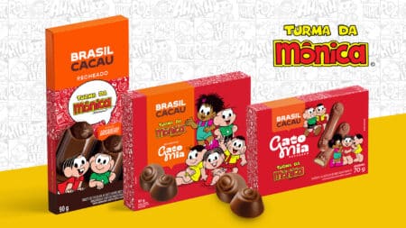 Brasil Cacau Turma da Mônica Dia das Crianças Embalagens e chocolates da Brasil Cacau com a Turma da Mônica, incluindo copo térmico do Sansão para o Dia das Crianças.