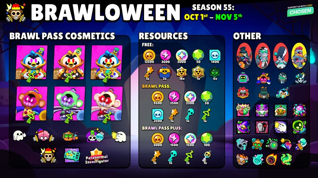 Imagem promocional do Brawl-O-Ween 2026 para Brawl Stars, com informações da temporada 55 e itens cosméticos.