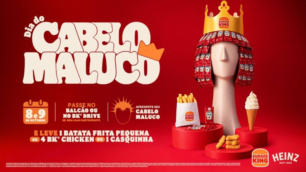 Burger King e Heinz no Dia do Cabelo Maluco Imagem da campanha do Burger King e Heinz para o Dia do Cabelo Maluco, com personagem na cabeça e produtos em fundo vermelho