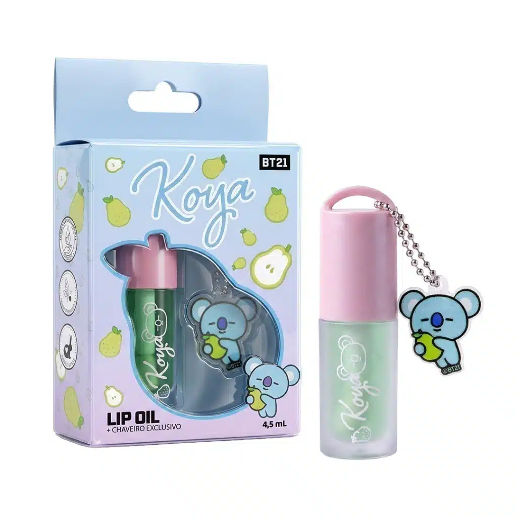 Embalagem e lip oil da coleção BT21 Koya, com frasco rosa e pingente colecionável