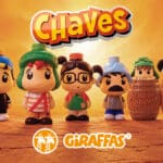 Personagens da Turma do Chaves e itens colecionáveis do Giraffas, com o logo Chaves e Giraffas ao fundo.