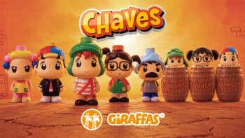 Turma do Chaves no Giraffas com itens colecionáveis Personagens da Turma do Chaves e itens colecionáveis do Giraffas, com o logo Chaves e Giraffas ao fundo.