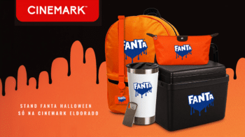 Brindes de Halloween Cinemark Fanta no Shopping Eldorado Brindes de Halloween da Cinemark com Fanta, incluindo bolsa laranja, copo e cooler no Shopping Eldorado.