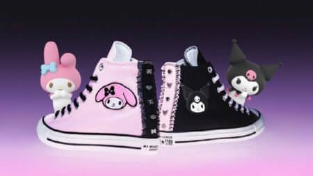 Tênis Converse da coleção temática My Melody e Kuromi, com detalhes e personagens estilizados na lateral, fundo roxo