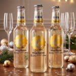 Garrafas de Corote ICE Ultra Boas Festas em mesa com enfeites de fim de ano e luzes decorativas ao fundo.