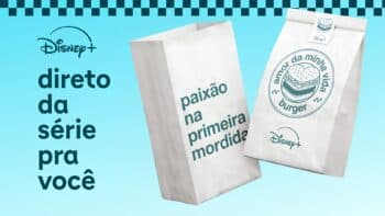 Disney+ Amor da Minha Vida: embalagens de hambúrguer Embalagens de hambúrguer com logos do Disney+ e frases “paixão na primeira mordida” e “amor da minha vida burger”.