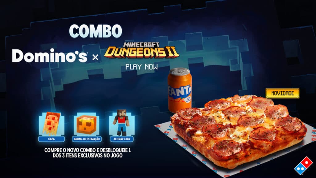 Domino’s x Minecraft Dungeons II: combo com pizza Card promocional da Domino’s com combo Minecraft Dungeons II e pizza com itens colecionáveis