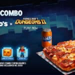 Card promocional da Domino’s com combo Minecraft Dungeons II e pizza com itens colecionáveis