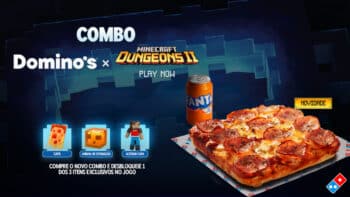 Domino’s x Minecraft Dungeons II: combo com pizza Card promocional da Domino’s com combo Minecraft Dungeons II e pizza com itens colecionáveis