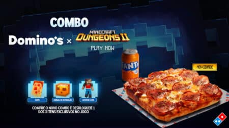 Card promocional da Domino’s com combo Minecraft Dungeons II e pizza com itens colecionáveis