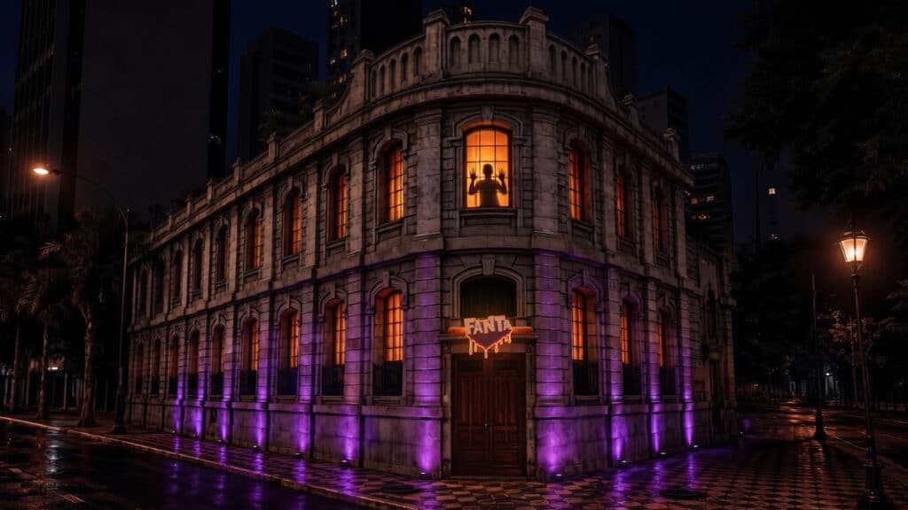 Fachada iluminada da Fábrica Assombrada da Fanta à noite, com luzes roxas e janela em clima de Halloween