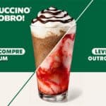 Imagem promocional do Frappuccino em Dobro da Starbucks com copo de bebida e mensagem compre um, leve outro.